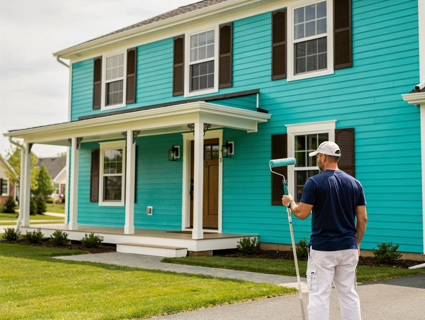 Professional painter applying Sherwin-Williams exterior coating to home siding