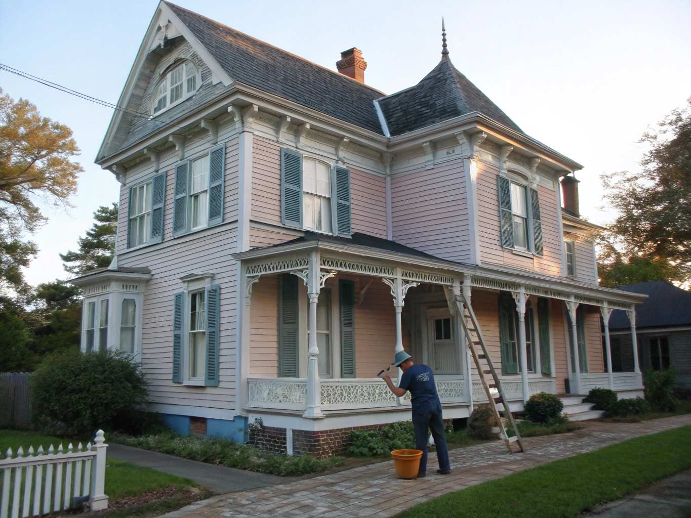 Residential home exterior undergoing careful trim line preparation and painting