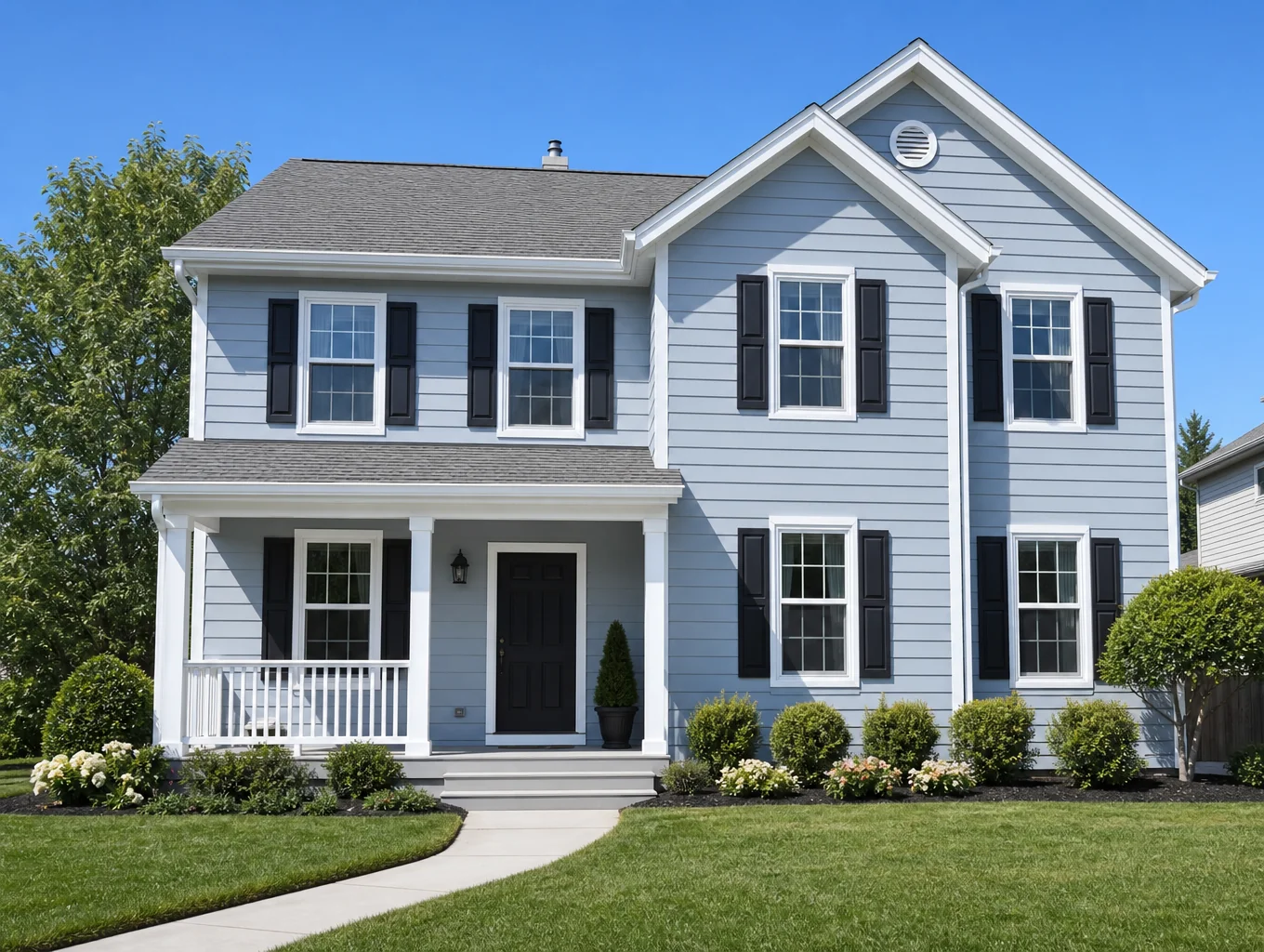 Freshly painted American craftsman home with clean lap siding and crisp trim under daylight