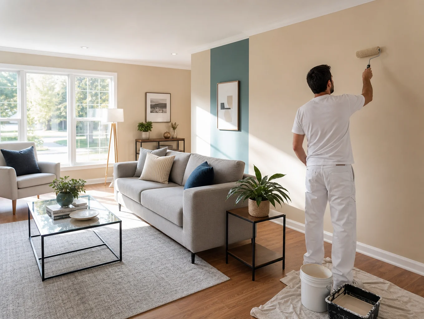 Freshly painted living room with crisp neutral walls, white mouldings, and soft daylight